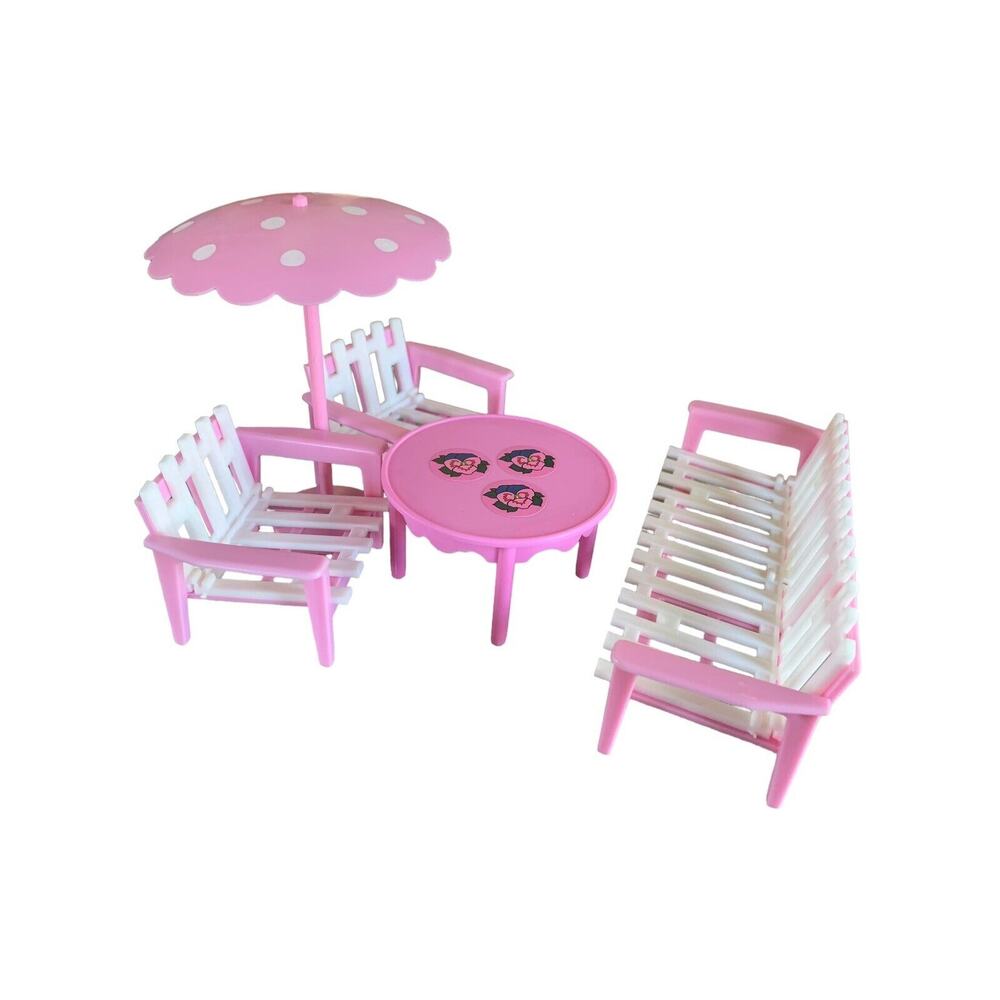 Jean West Germany Dollhouse Patio Set Pink White Chairs Umbrella Table Bench